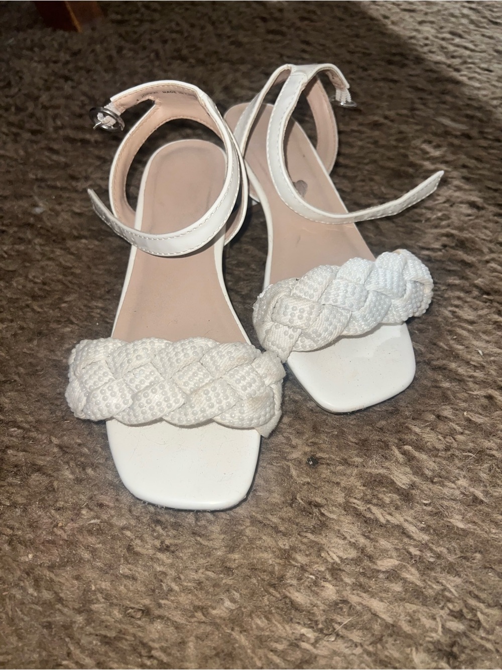 Girl's Steve Madden White Braided Strap Heeled Sandals with Ankle Strap